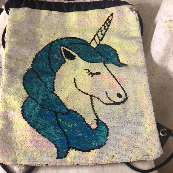 Pink and turquoise iridescent Unicorn Magic sequin backpack. - Picture 3 of 8